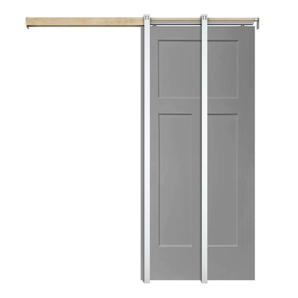 CALHOME Light Gray 30 in. x 80 in. Painted Composite MDF 3PANEL Interior Sliding Door with Pocket Door Frame and Hardware Kit