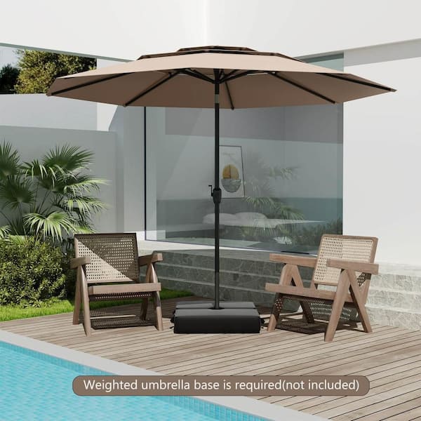 10 ft. Metal Market Tilt 3-tier Vented Patio Umbrella Large Table Umbrella Outdoor Sun Shade in Brown