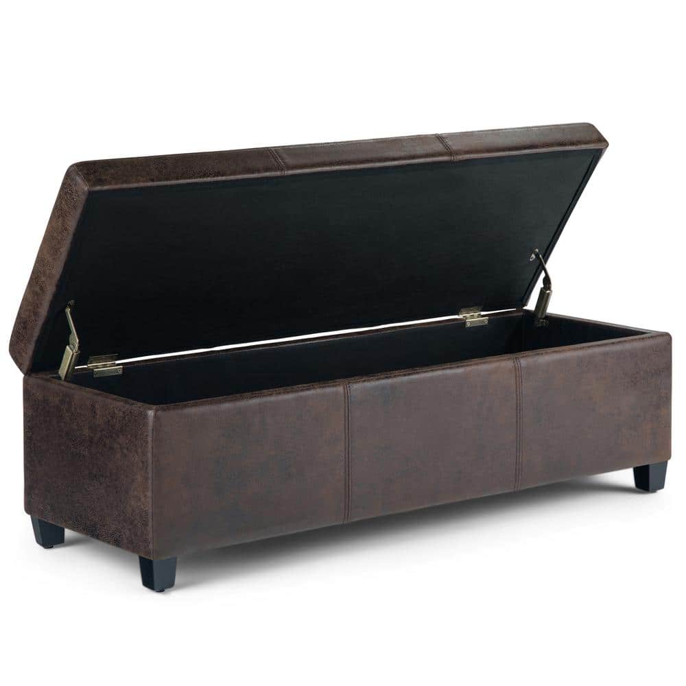 Distressed Brown Faux Leather Storage Ottoman Bench