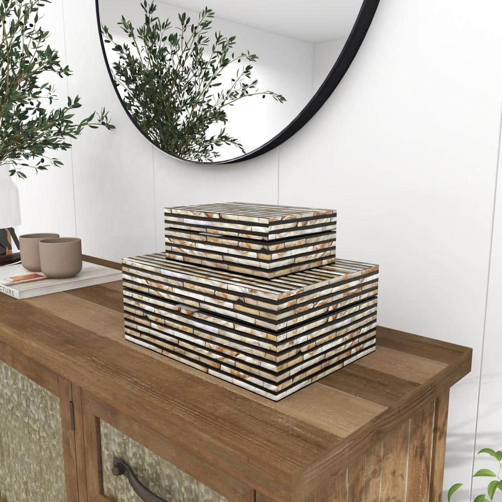 Set of 2 Black and Mother of Pearl Stackable Wooden Boxes