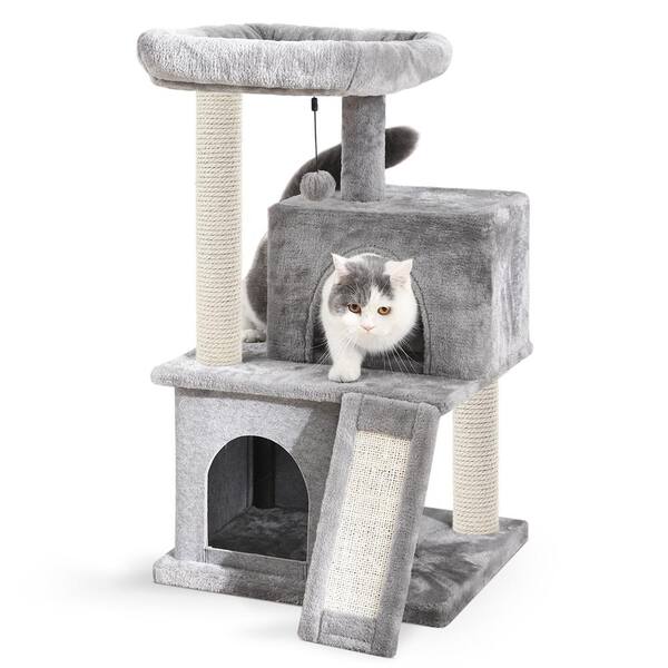 Kitten Cat Tree Scratch Post Sisal Toy Activity Centre Grey/Beige with cat nip 