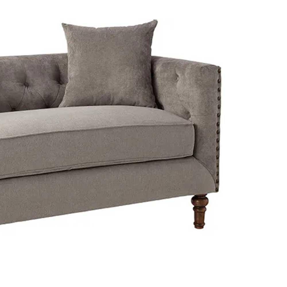 Gray Velvet Tufted Loveseat with Nailhead Trim and Cup Holder