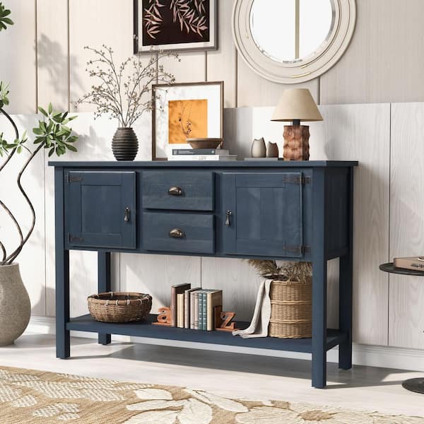 Warren 46 in. Navy Blue Rectangle Wood Console Table with 2 Drawers and Cabinets, Bottom Shelf