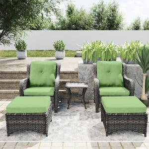 5-Piece Wicker Outdoor Patio Conversation Set with Green Cushions, Ottomans and Side Table