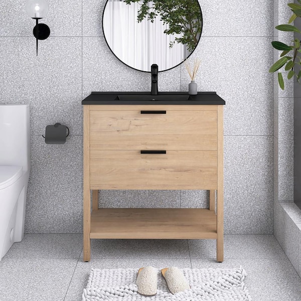 Unbranded 30 in. W x 18 in. D x 33 in. H Freestanding Single Sink Bath Vanity in Imitative Oak with White Ceramic Top