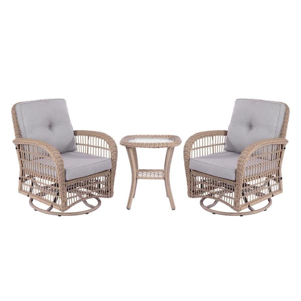 Unbranded 3-Pieces Wicker Outdoor Rocking Chair Set with Gray Cushions, Glass Coffee Table for Backyard
