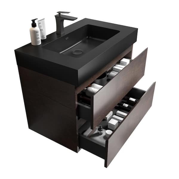 INSTER NOBLE 30 in. W x 18 in. D x 25 in. H Single Sink Floating Bath Vanity in Wood with Black Solid Surface Top (No Faucet)