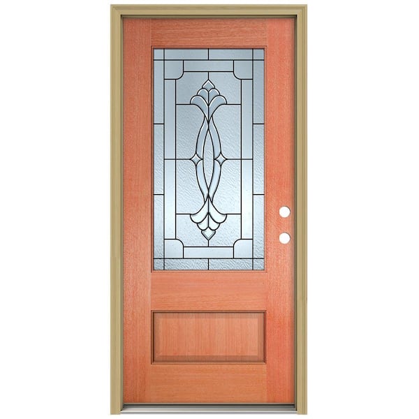 JELD-WEN 36 in. x 96 in. Champagne 3/4 Lite Unfinished Mahogany Wood Prehung Front Door with Brickmould and Patina Caming