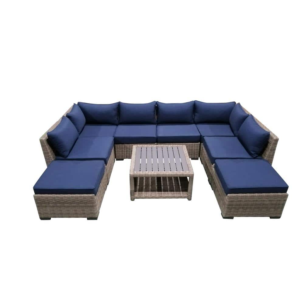 9-Piece Wicker Rattan Outdoor Sectional Set with Blue Cushions and Coffee T