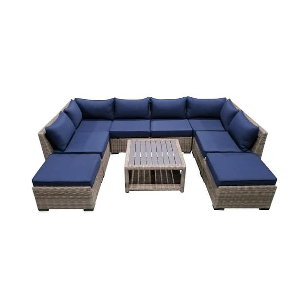 AndMakers 9-Piece Wicker Rattan Outdoor Sectional Set with Blue Cushions and Coffee Table