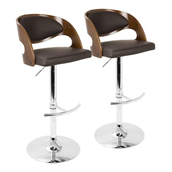 Lumisource Pino 42.5 in. Brown Faux Leather and Chrome High Back Adjustable Bar Stool with Rounded T Footrest (Set of 2)