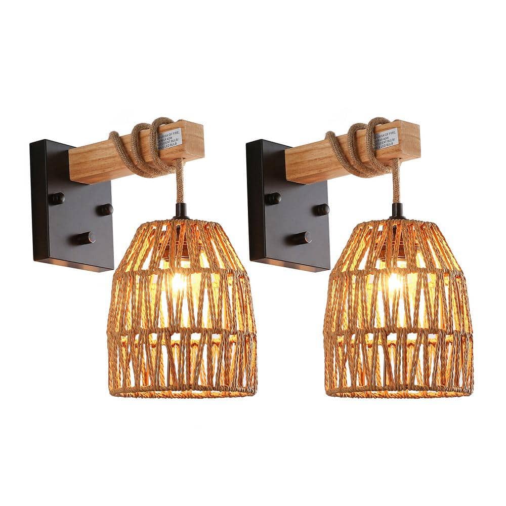 OUKANING 6.7 in. 1-Light Black and Wood Farmhouse Style Wall