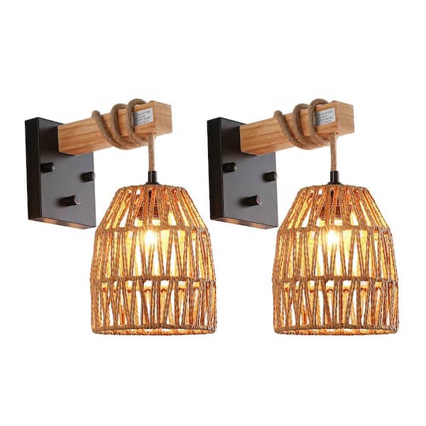OUKANING 6.7 in. 1-Light Black and Wood Farmhouse Style Wall Sconce Wall Light with Woven Shade, No Bulbs Included (2-Pack)