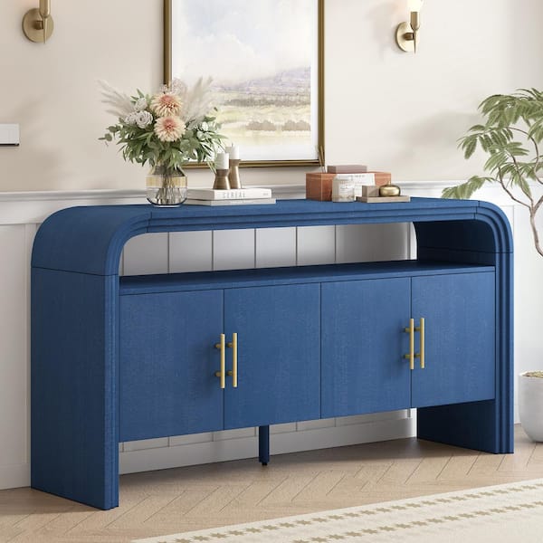 Harper & Bright Designs Navy Wood 59.8 in. Curved Storage Sideboard with Open Shelf and Fir Veneer