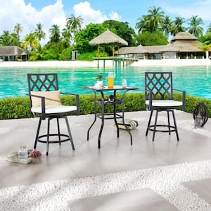 3-Piece Metal Bar Height Outdoor Dining Set with Beige Cushions