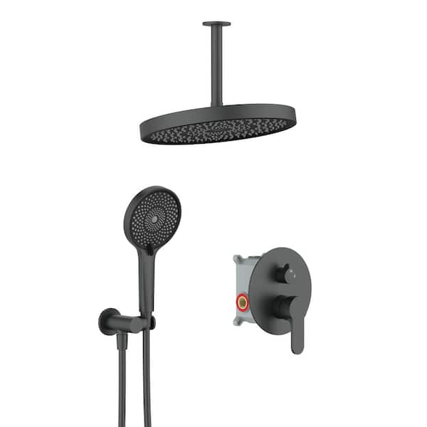WELLFOR 2-Spray 12 in. Dual Round Ceiling Mount Fixed and Handheld Shower Head 1.8 GPM in Matte Black