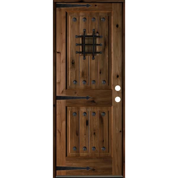 Krosswood Doors 30 in. x 80 in. Mediterranean Knotty Alder Square Top Provincial Stain Left-Hand Inswing Wood Single Prehung Front Door