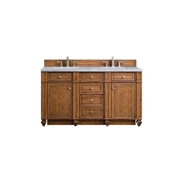 James Martin Vanities Bristol 60 in. W x 23.5 in. D x 34 in. H Double Bathroom Vanity in Saddle Brown with Arctic Fall Solid Surface Top