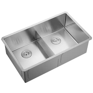 Stainless Steel 33 in. Double Bowl Undermount Kitchen Sink, Thin Divider and Heavy-Duty Grids