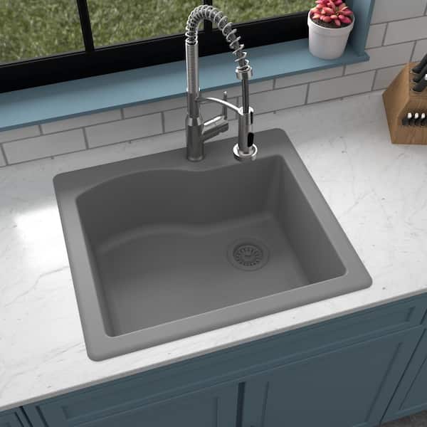 Karran Drop-In Quartz Composite 25 in. 1-Hole Single Bowl Kitchen Sink in Grey
