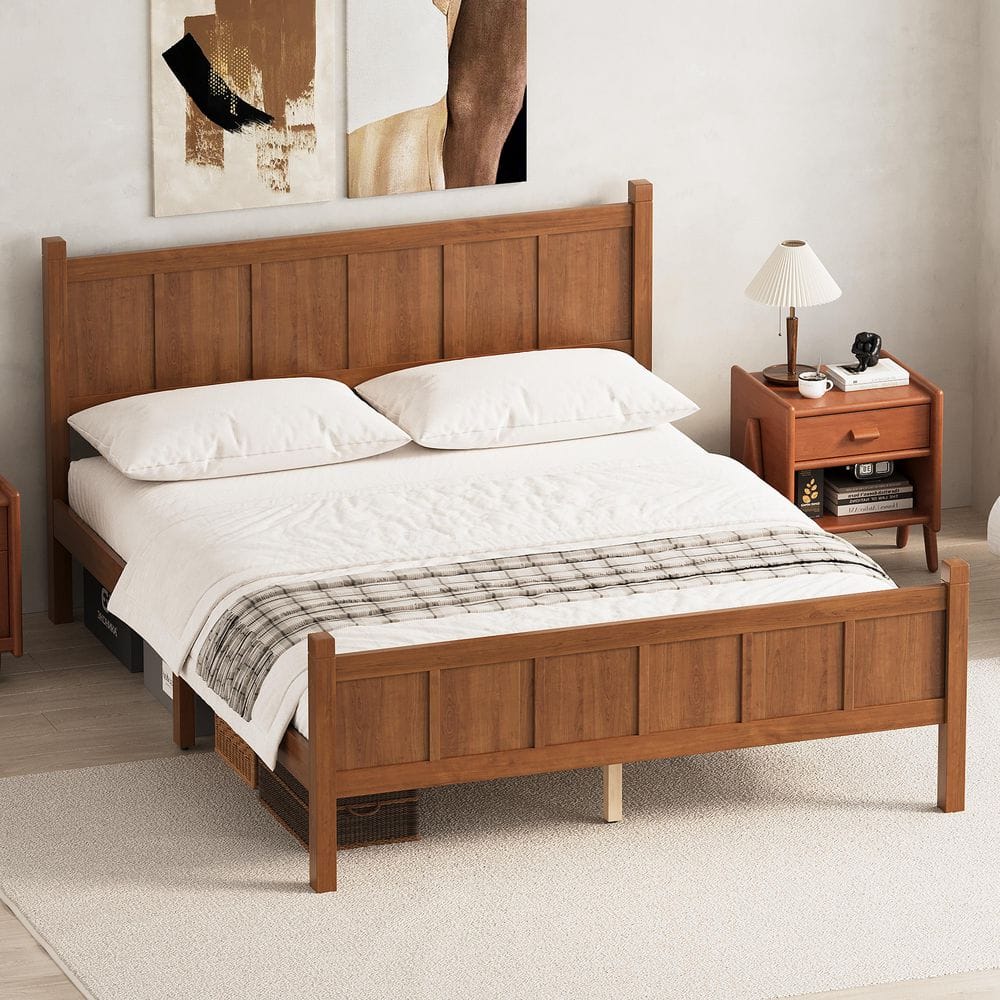 Oberon Modern Light Walnut Brown Wooden Frame Queen Size Platform Bed with Headboard and Footboard price history on PriceWatchPro