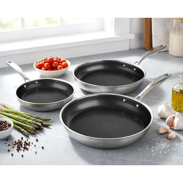 3-Piece Stainless Steel/Black Tri-Ply Micro Textured Ceramic Etched Design Nonstick Skillet Set (8 in. 10 in. 12 in.)