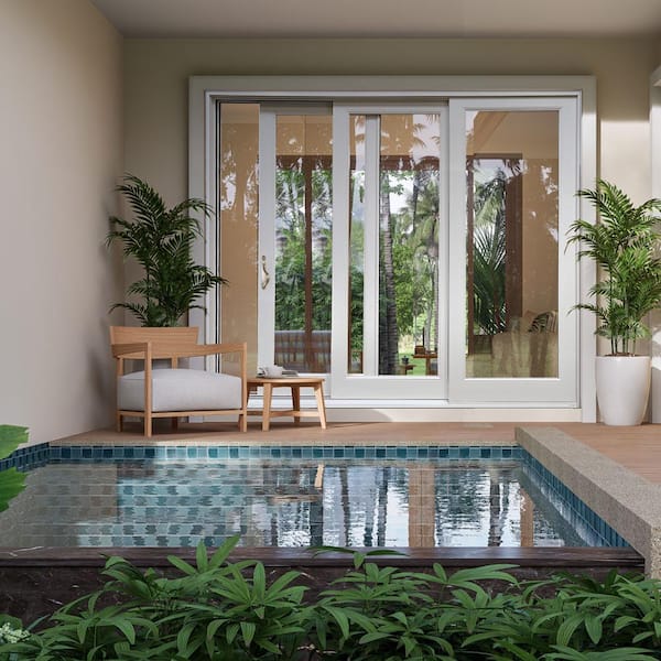 108 in. x 80 in. White Left Hand Fiberglass Full Lite LoE Glass Stacking Sliding Patio Door