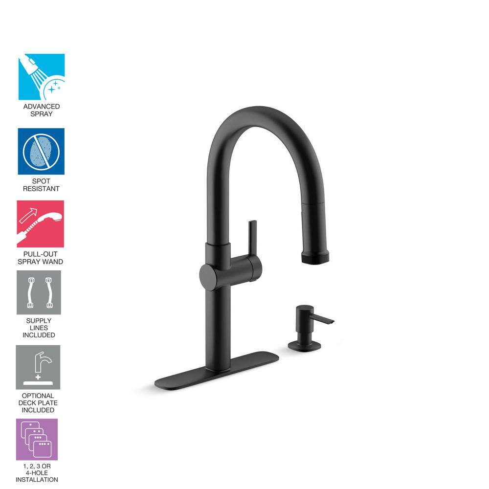 Matte Black Single Handle Pull-Down Kitchen Faucet with Soap Dispenser