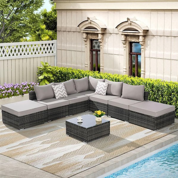 Sudzendf 8-Piece Metal Outdoor All Weather Wicker Rattan Outdoor Sofa Conversation Set with Light Gray Cushion