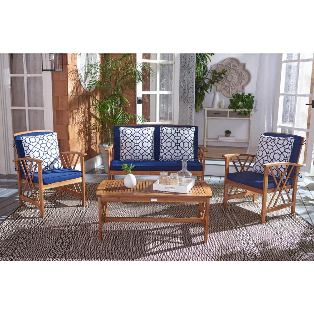 Fontana Natural Acacia Wood 4-Piece Patio Conversation Set with Navy Cushions