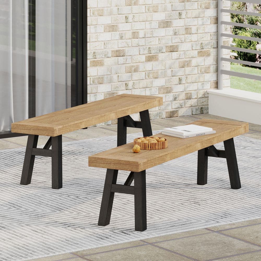 Slat Panel Design Gray Acacia Wood Outdoor Bench Set of 2 for Garden Poolsi