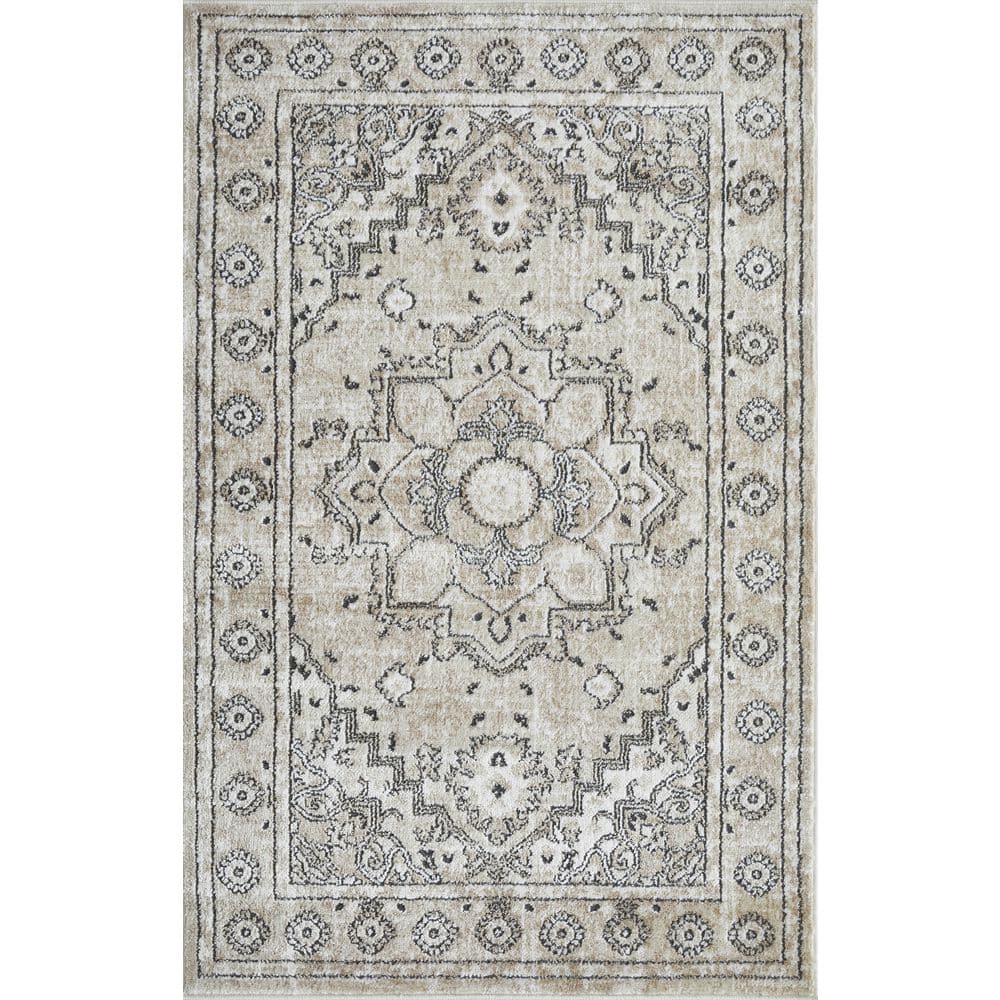 Off-White Floral Medium Pile Synthetic Area Rug 4' x 6'