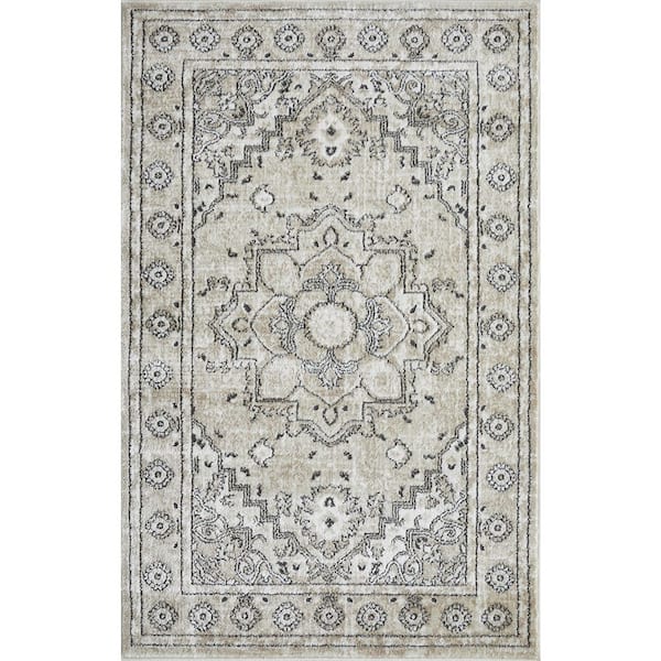 LOOMAKNOTI Kehleigh Avalie Cream 4 ft. x 6 ft. Oriental Polypropylene Indoor Area Rug