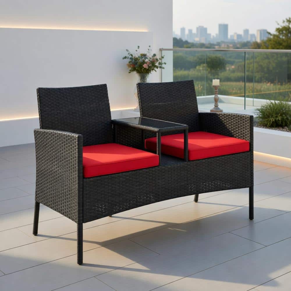 PE Rattan Loveseat with Built-In Glass Table – Navy & Red Cushions, Black Wicker for Porch & Yard price history on PriceWatchPro