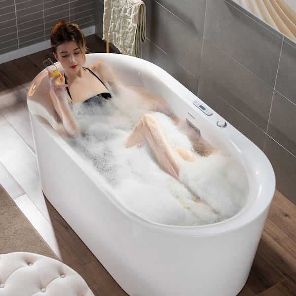 59 in. Acrylic Flatbottom Freestanding Whirlpool and Air with Inline Heater Bathtub,Drain and Overflow Included in White