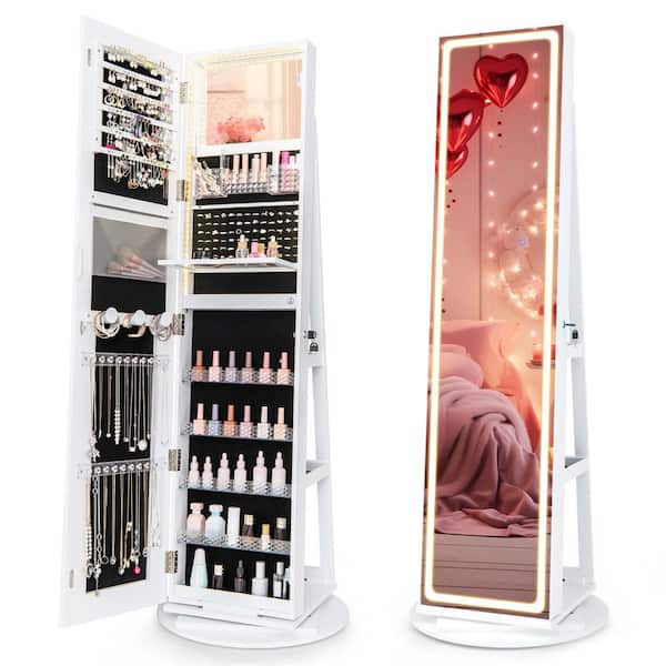 Costway 360 Degree Swivel LED Mirror White Jewelry Box Cabinet Organize