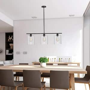 3-Light Black Cylinder Pendant Light Fixtures with Clear Glass Shades for Dining Room Kitchen Island Dimmable