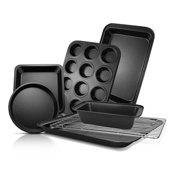 7-Piece Nonstick Carbon Steel Bakeware Set with Cooling Rack, Muffin Pan, Loaf Pan, Pizza Pan, Oven Safe