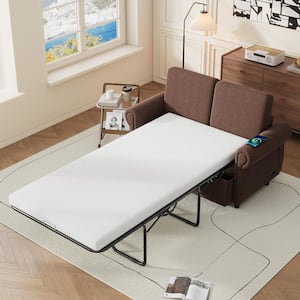Brown 57.9 in. Linen Pull Out Twin Size Sofa Bed Convertible Loveseat with Memory Foam Mattress, 2 USB Ports