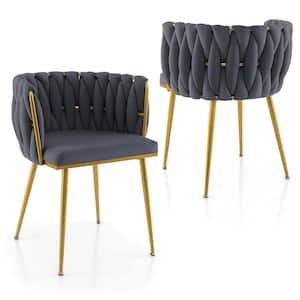 Grey Velvet Upholstered Dining Chair Set of 2 with Curved Backrest Electroplated Metal Tubes White