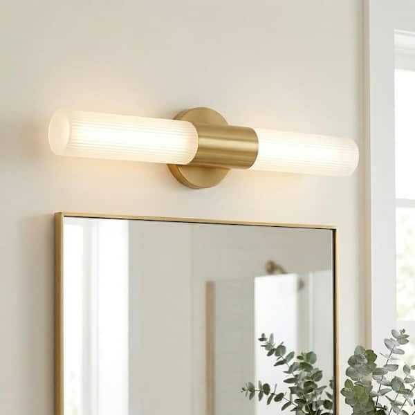 Astra 22 in. Gold Integrated LED Vanity Light Bar with Etched Ribbed Glass Shade