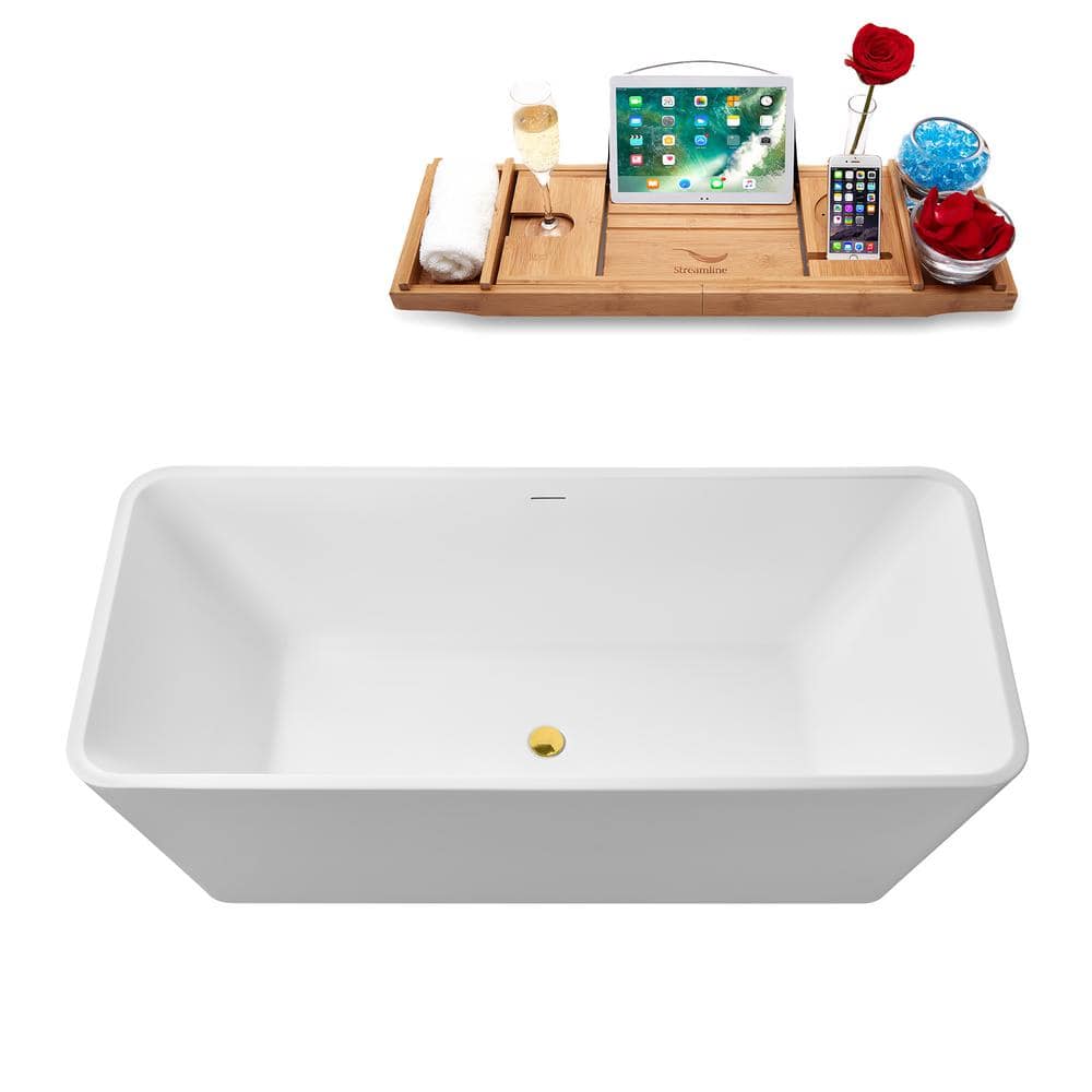 67" Glossy White Acrylic Freestanding Soaking Tub with Polished Gold Trim