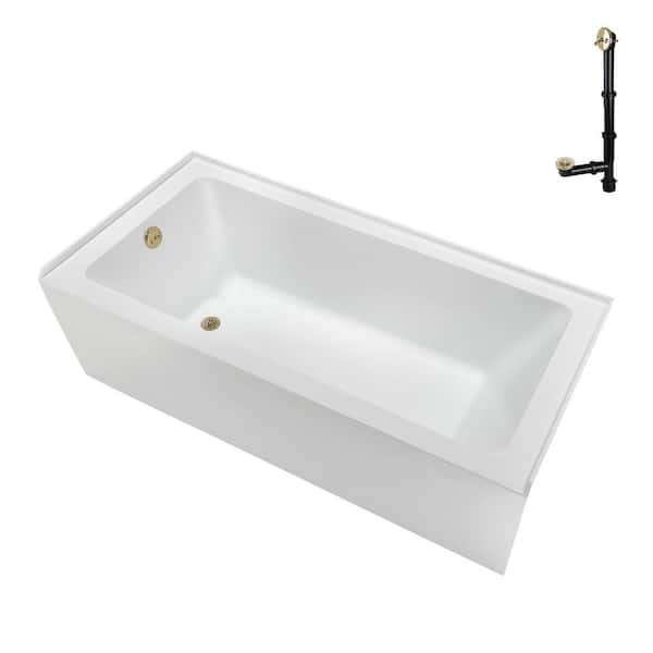 Streamline 66 in. x 32 in. Soaking Acrylic Alcove Bathtub with Left Drain in Glossy White, External Drain in Polished Brass
