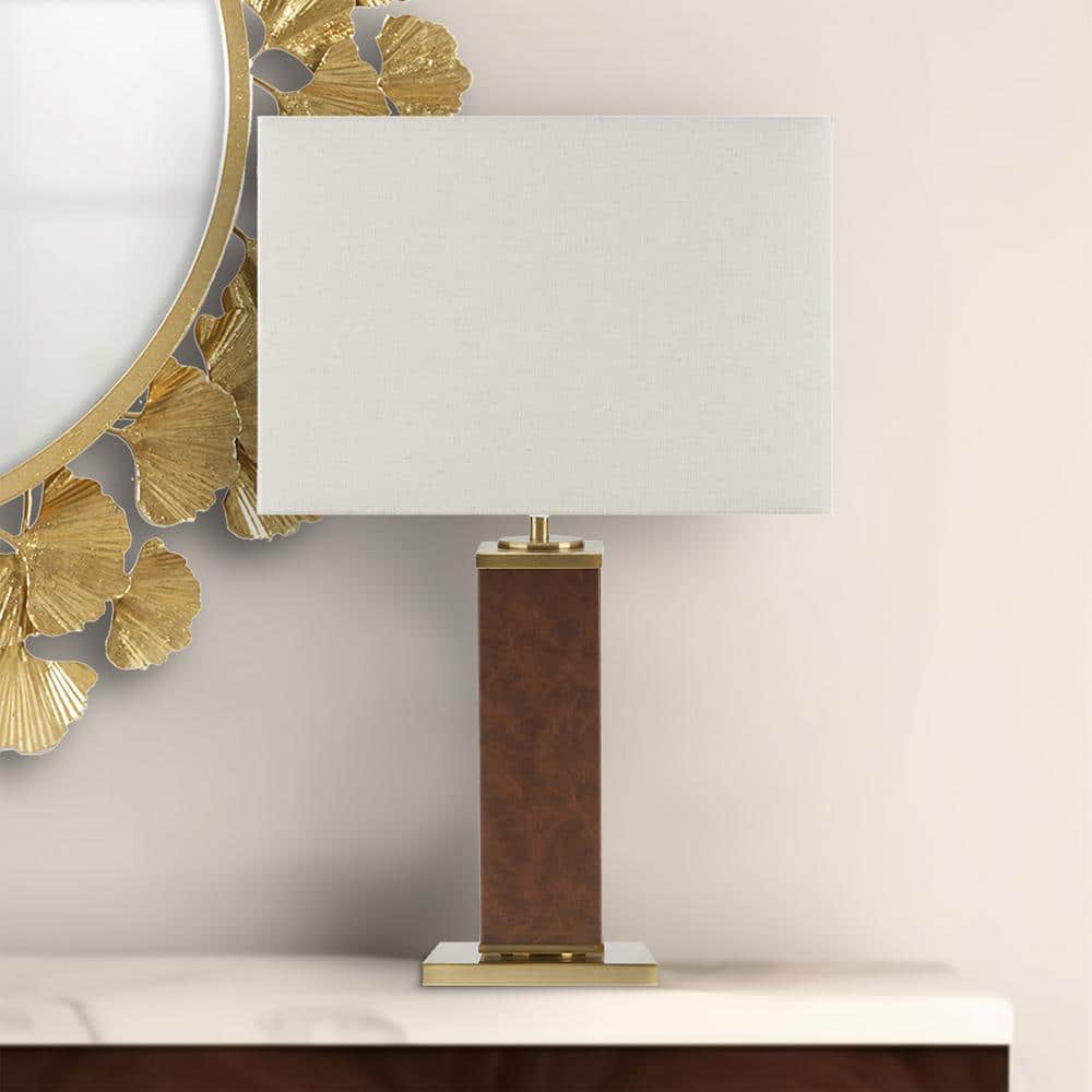 22" Brown Faux Leather Table Lamp with Gold Base and Ivory Shade