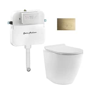 St. Tropez Back-to-Wall Toilet, Elongated, 3-Piece Bundle 0.8/1.6 GPF Dual Flush in Glossy White with Brass Flush Plate