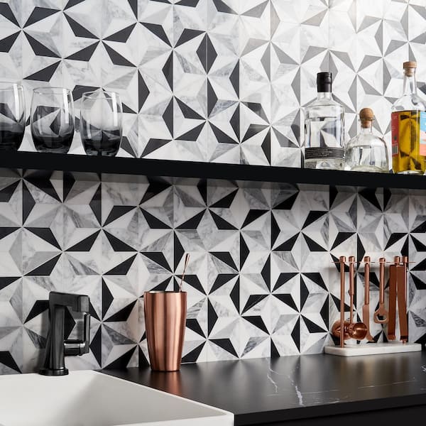 Phantom Tuxedo Black 13.58 in. x 15.74 in. Polished Marble Floor and Wall Mosaic Tile (1.48 sq. ft./Each)