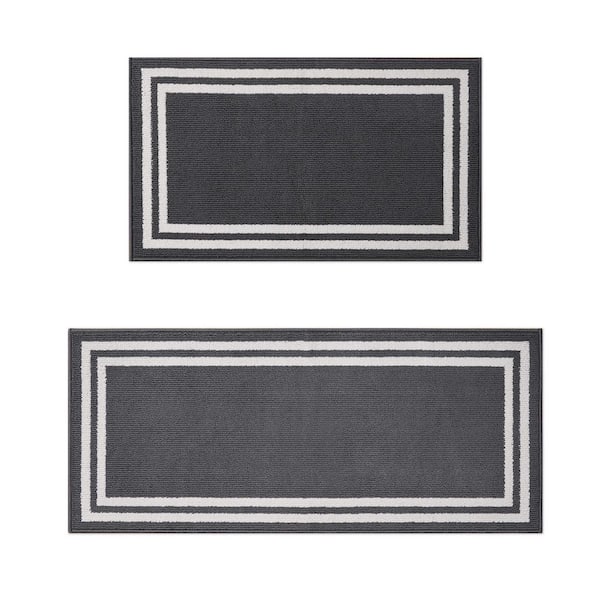 Debbie Double Border 2-Tone Dark Grey/Ivory 2 ft. x 5 ft. Border Polypropylene 2-Piece Rug Set