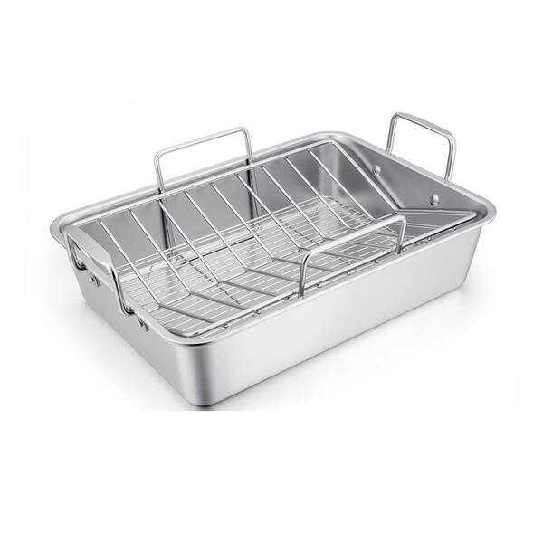 9 qt. Silver Stainless Steel Roasting Pan with V-Shaped & Cooling Rack, 14 in. Nonstick Deep Broiler Pan with Handles