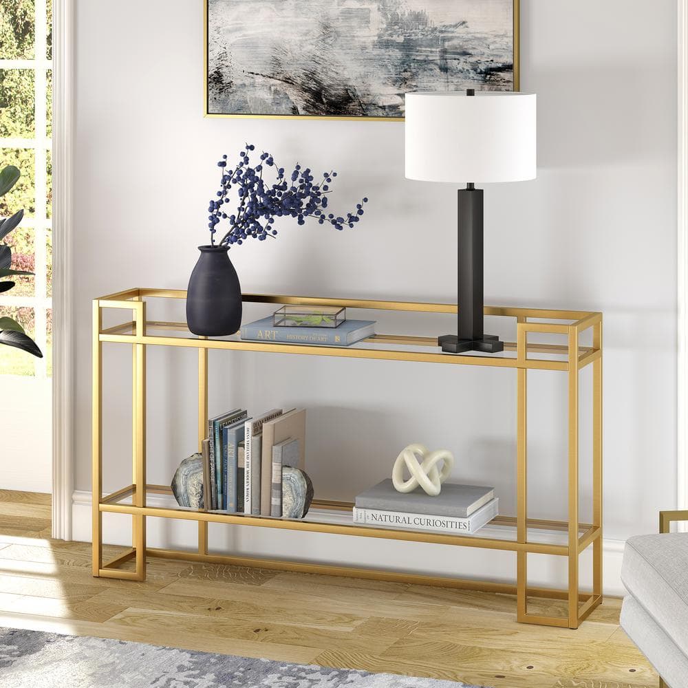 Art Deco-Inspired Brass Console Table with Tempered Glass Shelf