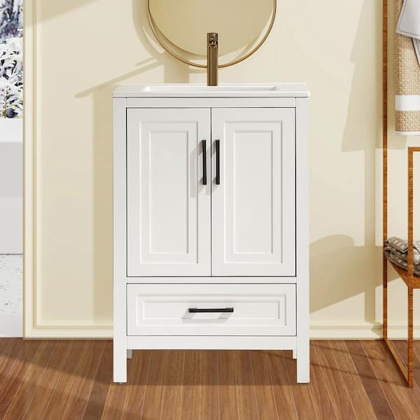 24 in. Solid Wood Freestanding White Single Sink Bath Vanity with White Ceramics Top, Fully Assembled